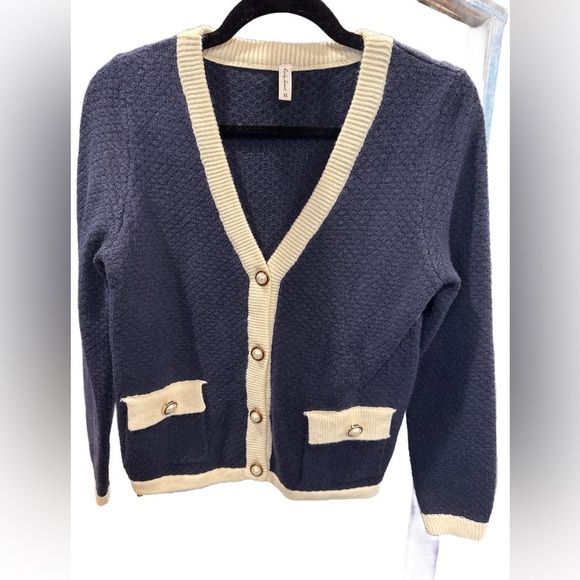 None Sweaters - Navy and Cream Women's Cardigan